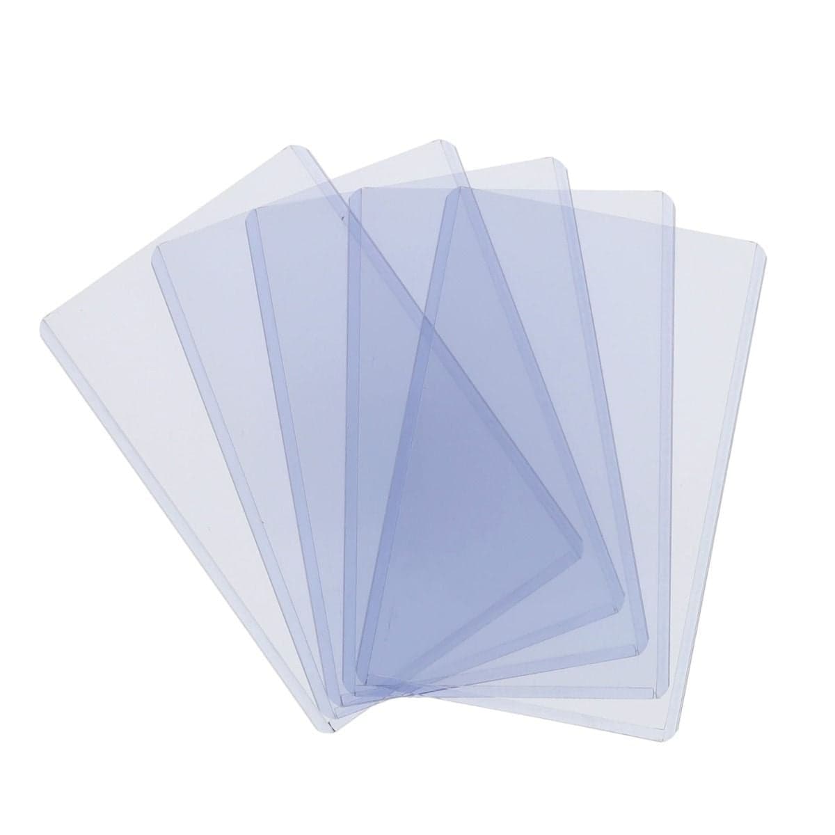 Five clear BCW 3" x 5" rigid PVC toploaders fanned out on a white background, showing the protective holders used to store and display 3" x 5" prints, photos, and index cards.