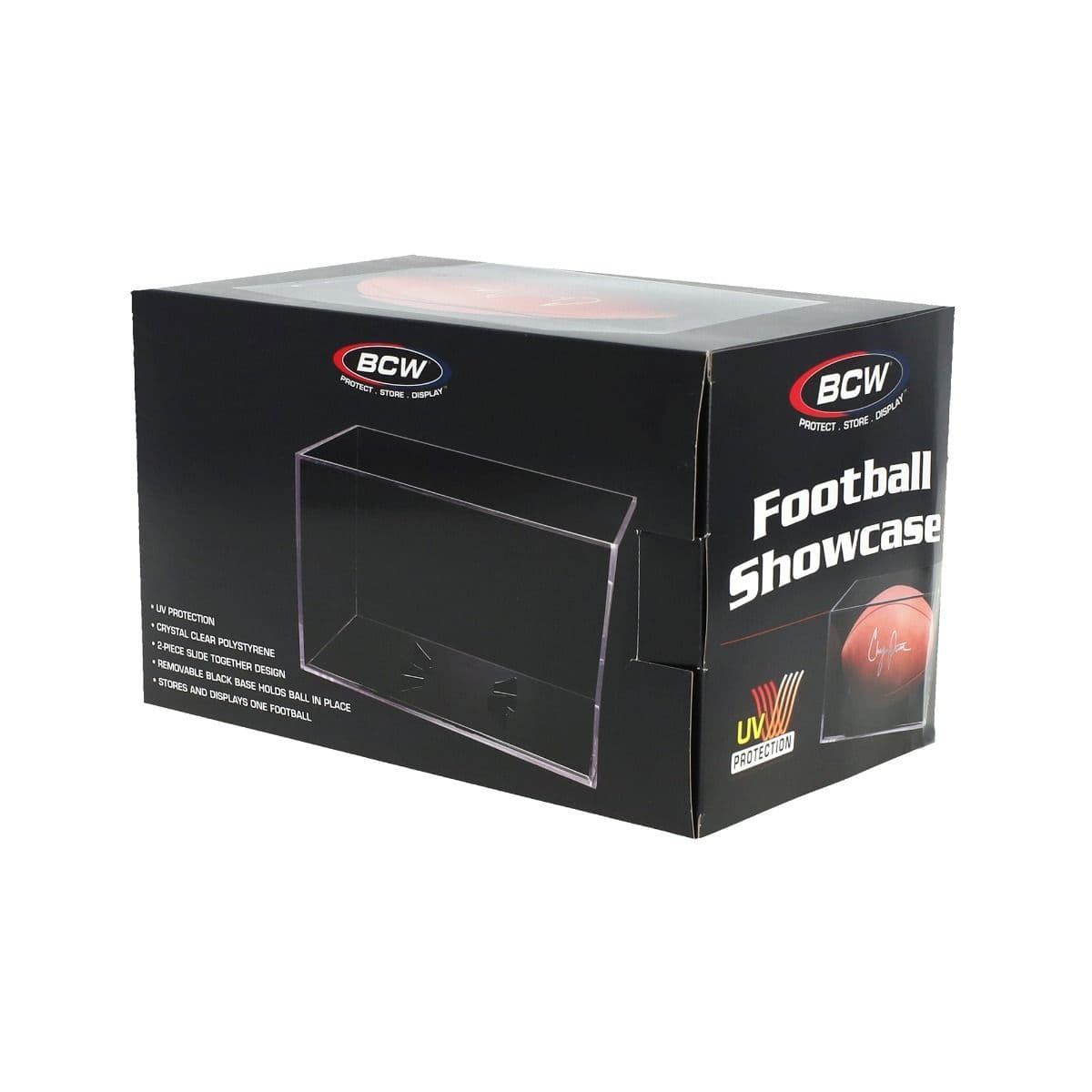 BCW Football Showcase. Black removable stand base. Packaging back