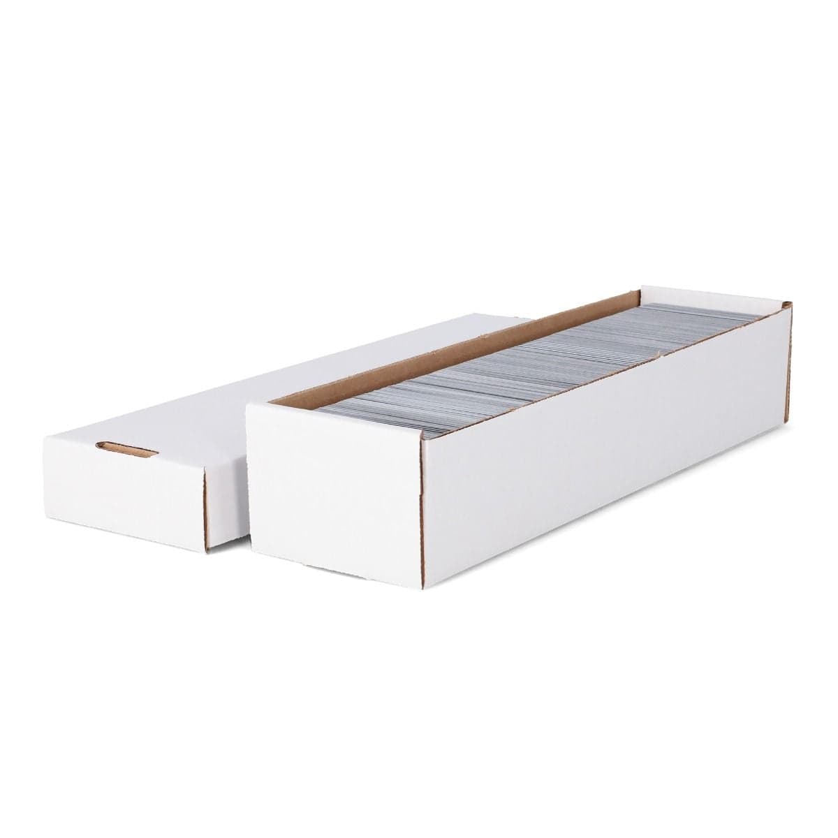 BCW 800 Count Storage Box (2-Piece), angled and opened with lid to the side, revealing stored trading cards.