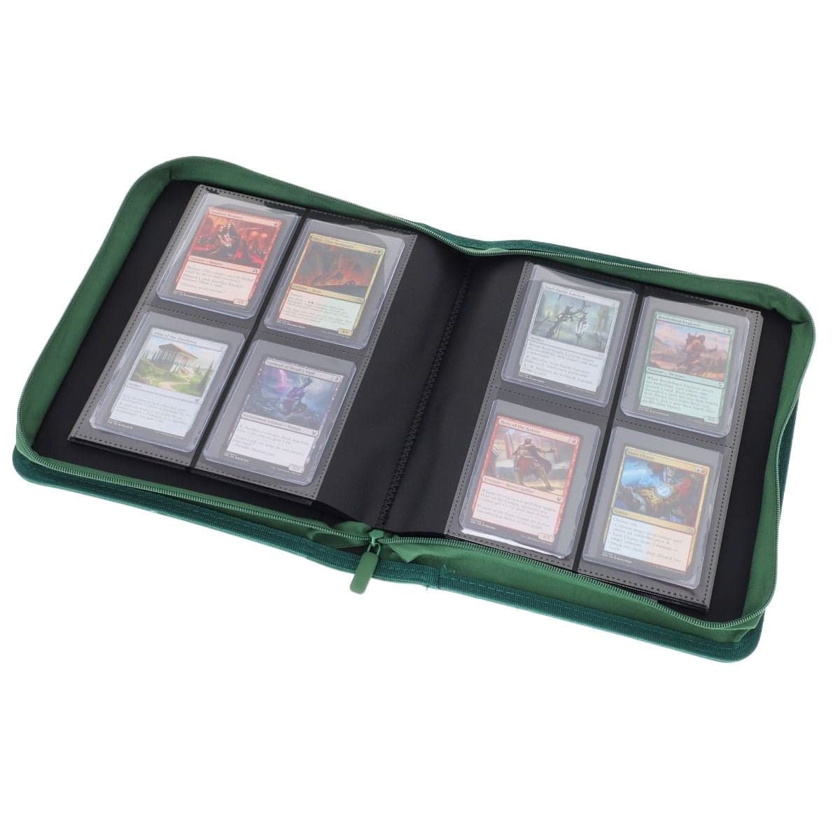 BCW Z-Folio 4-Pocket LX Album - Toploaders - Green opened, angled, full of magic cards in toploaders