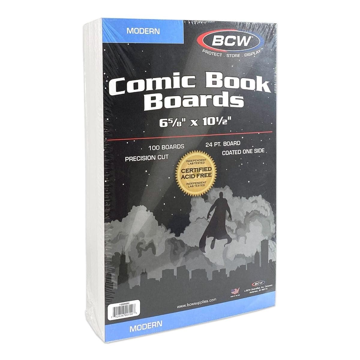 Package of BCW Modern Comic Book Boards, angled view, 100 per pack