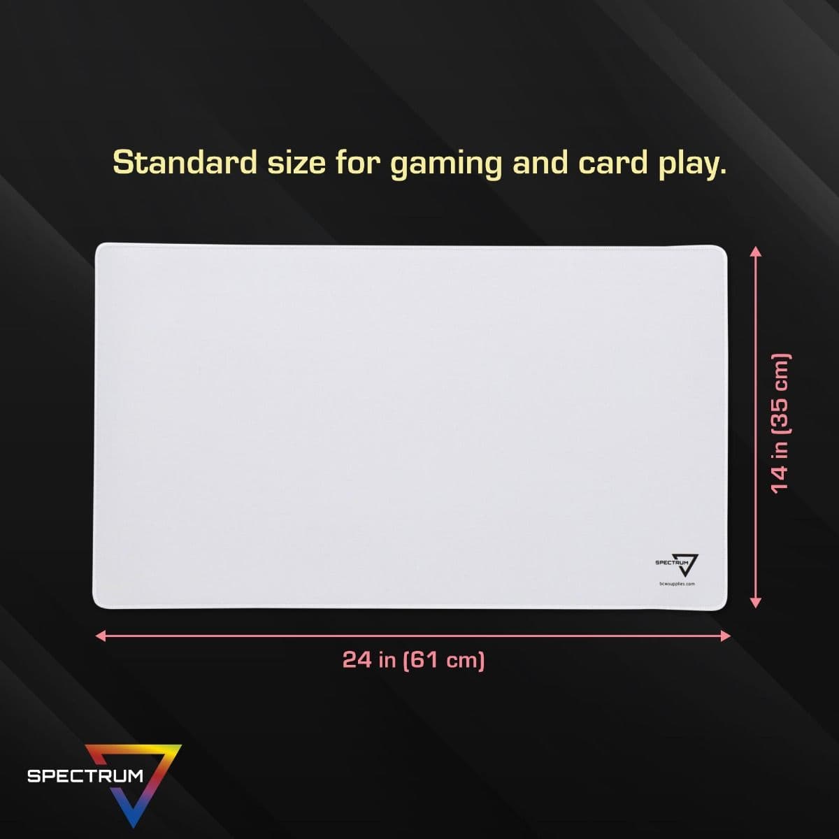 Infographic: Standard Size for gaming and card play, WHITE mat laid out with dimensions listed.