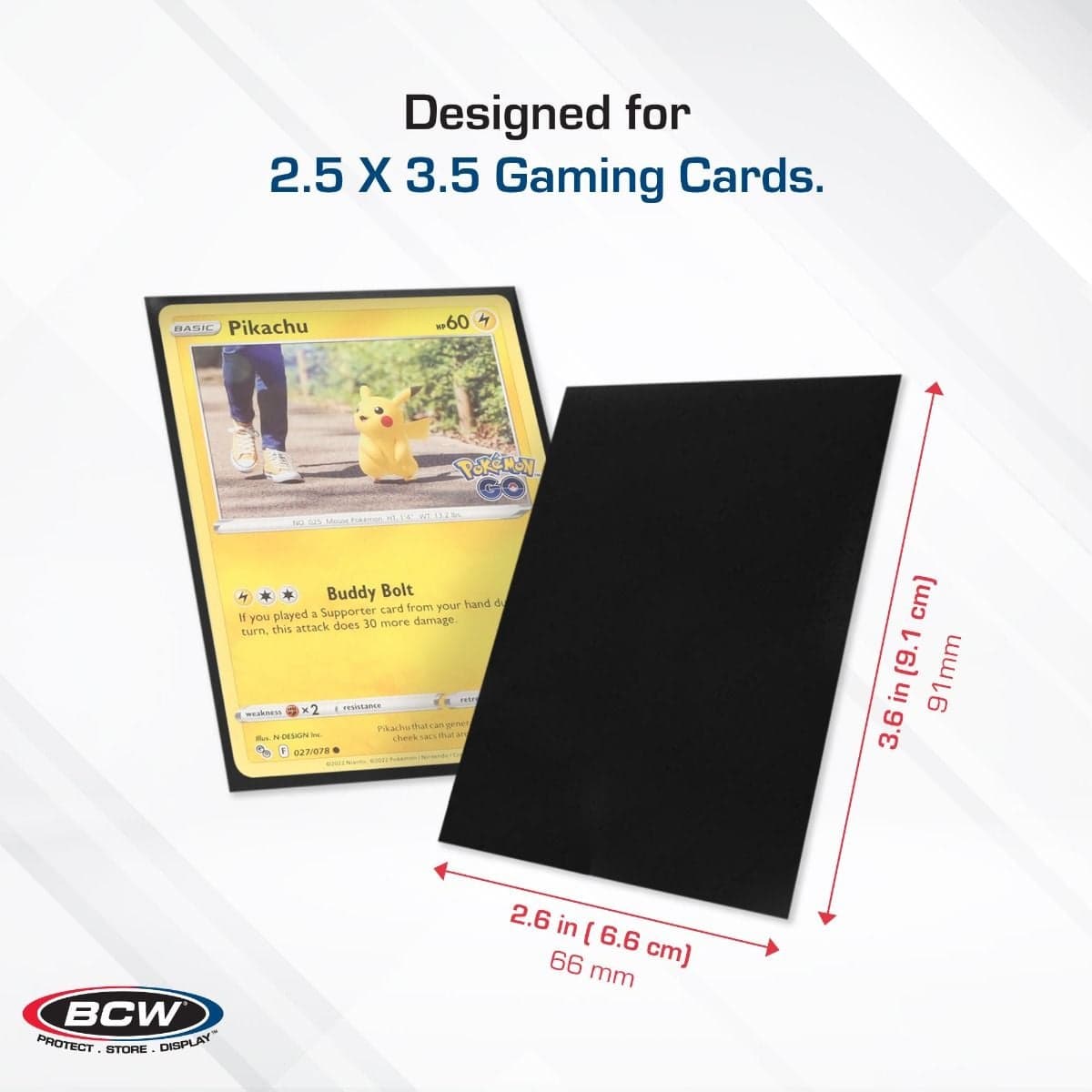 BCW Deck Guard - Double Matte - Black infographic, specs and measurements, Designed for 2 1/2" x 3 1/2" Gaming Cards.
