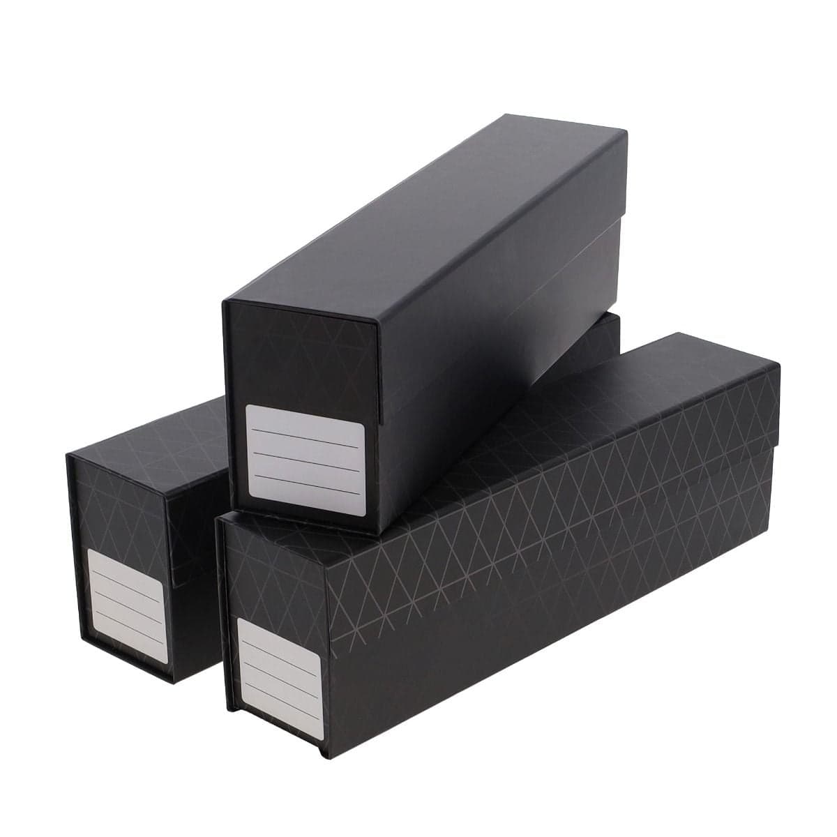 BCW Quick Fold Card Box. Magnetics and Toploaders. 14 inches. Black design. front label. magnetic lid. ships flat, folds and seals into box. 3 per pack. 3 stacked