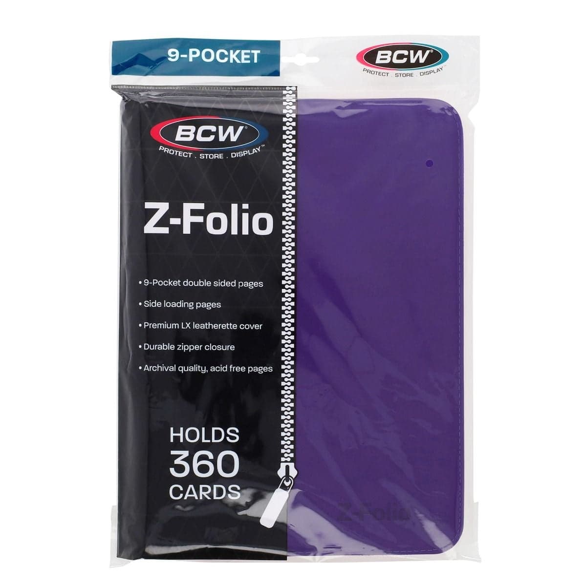 BCW Z-Folio 9-Pocket Album - Purple, front of packaging with binder enclosed.