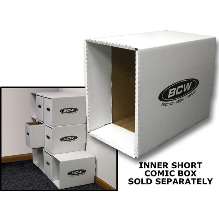 House for BCW short comic boxes, over several stacked, along with text reading "Inner short comic box sold separately"