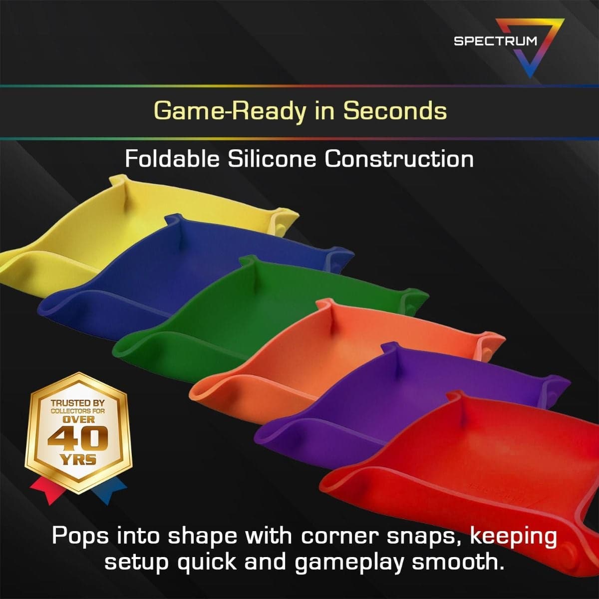 Spectrum Board Game - Bit Trays - Assortment infographic, Game-Ready in Seconds. Foldable Silicone Construction. Pops into shape with corner snaps, keeping setup quick and gameplay smooth.