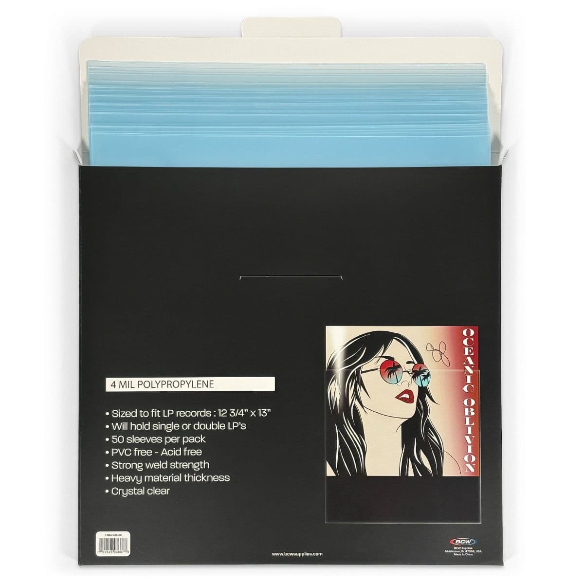 12-Inch Record Sleeves - 4 MIL - 50 Pack back of packaging with sleeves spreading out