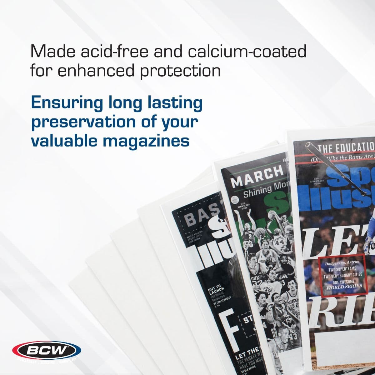 BCW Magazine Backing Boards infographic, acid free and calcium coated for enhanced protection