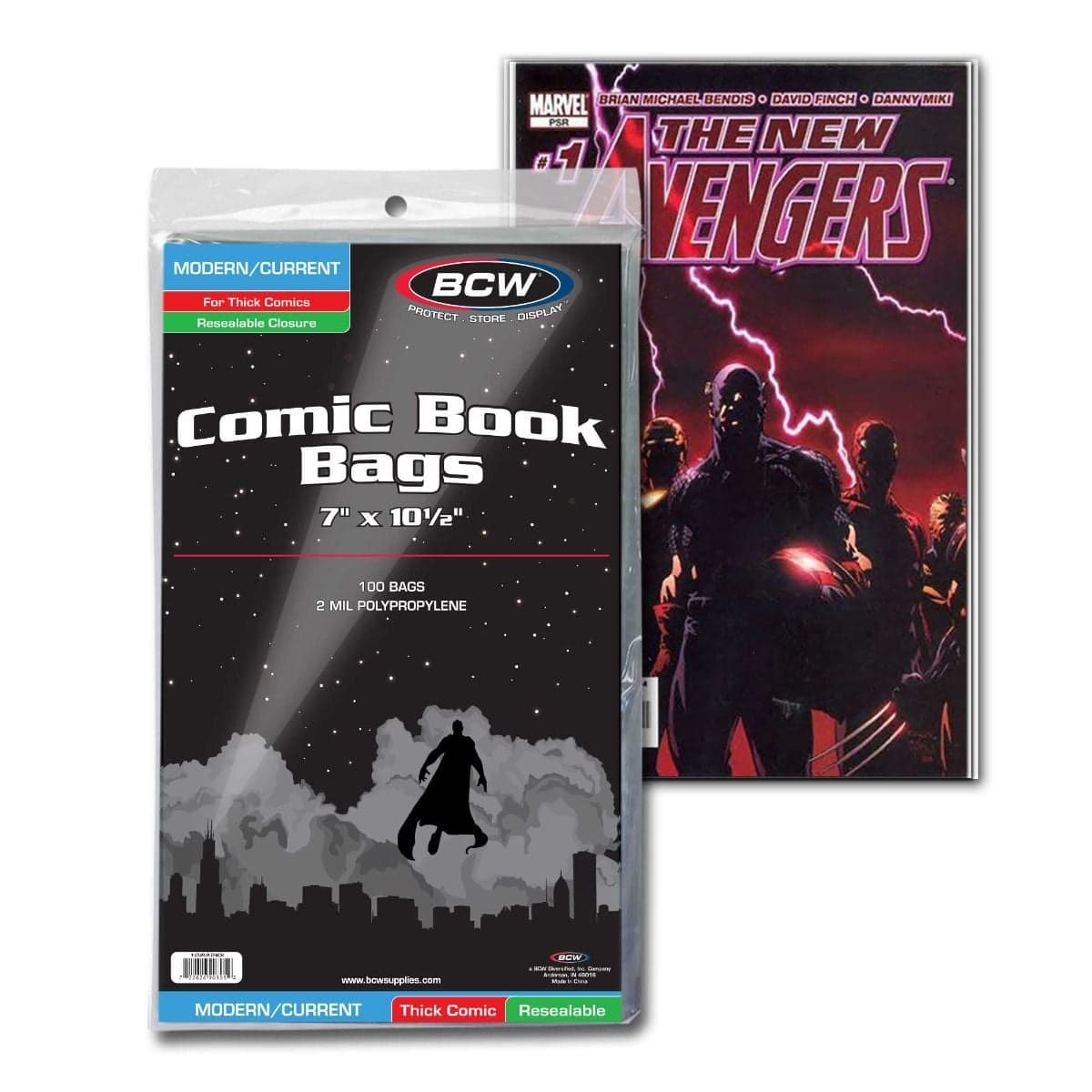 BCW Resealable and Thick Comic Book Bags. Current, Modern. 100 bags group packaging with comic in bag