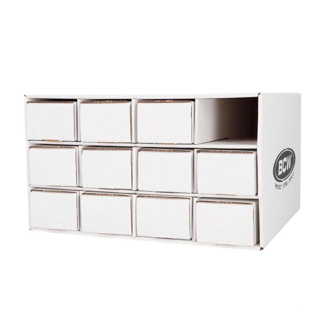 BCW card house storage box, full of 800ct boxes, angled view