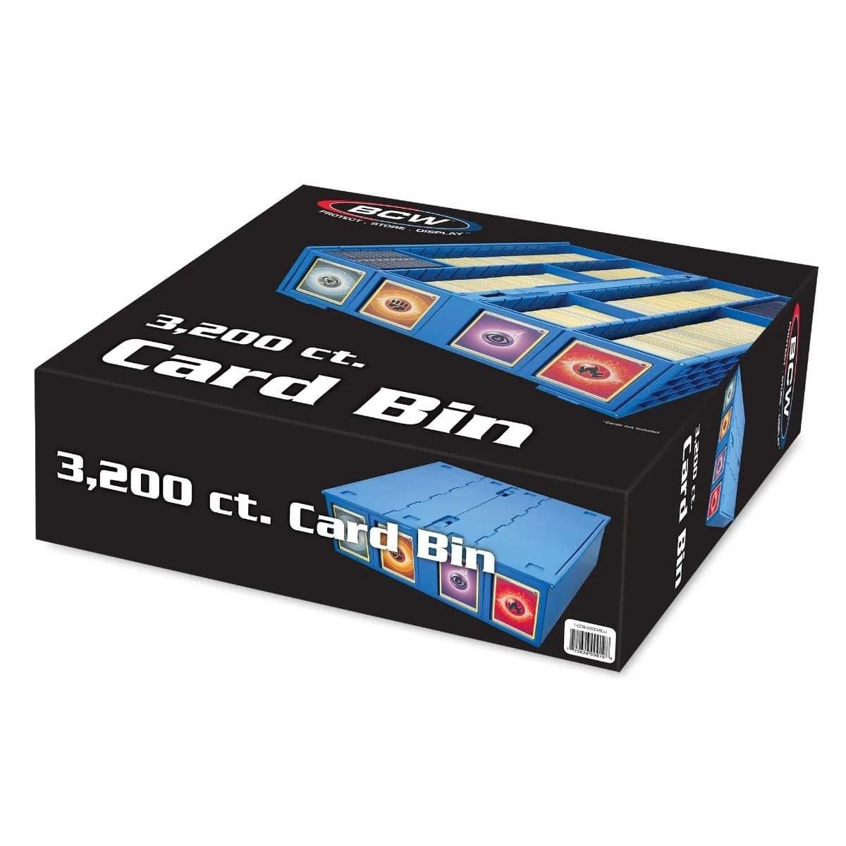 BCW Collectible Card Bin 3,200 ct. Blue. open and filled with sports cards, toploaders, and magnetics