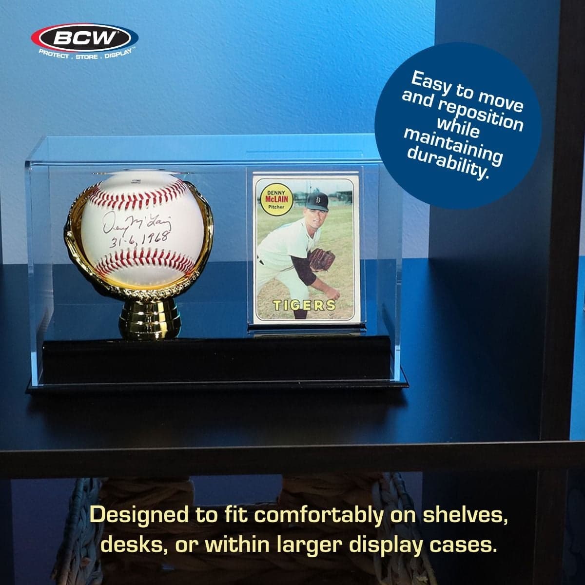 BCW Acrylic Gold Glove Ball and Card Display infographic, easy to move and reposition