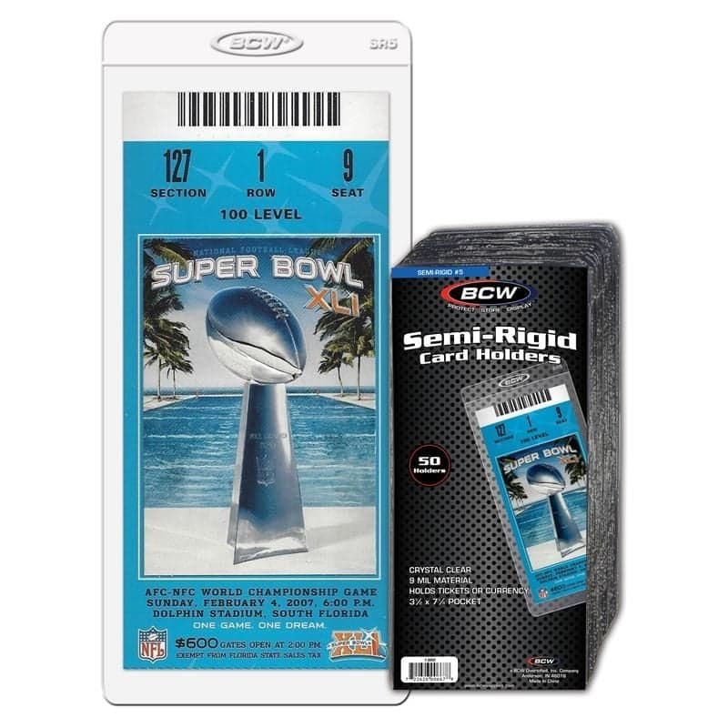 Pack of BCW semi-rigid card holder over single holder with ticket