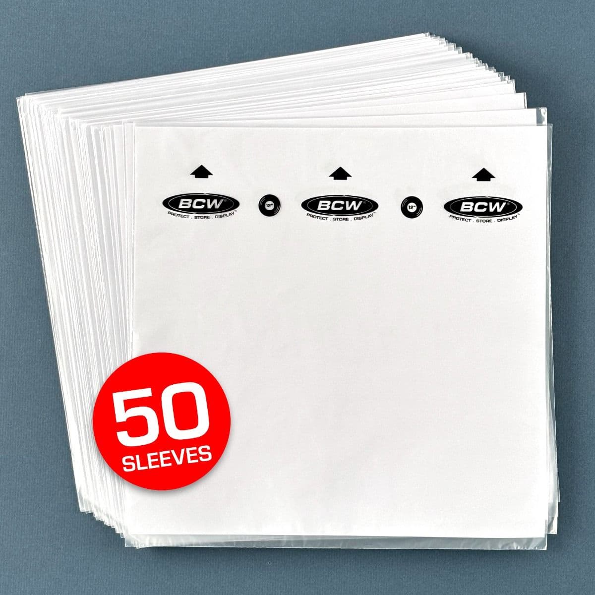BCW 12-Inch Record Audiophile Inner Sleeves, stack of sleeves, with a "50 Sleeves" emblem showcasing the per-pack quantity.