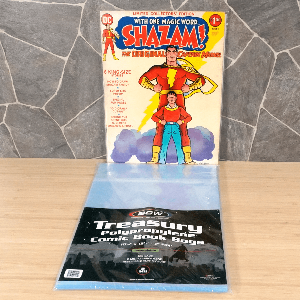 Package of BCW Resealable Treasury Comic Book Bags with shazam comic book bagged and boarded