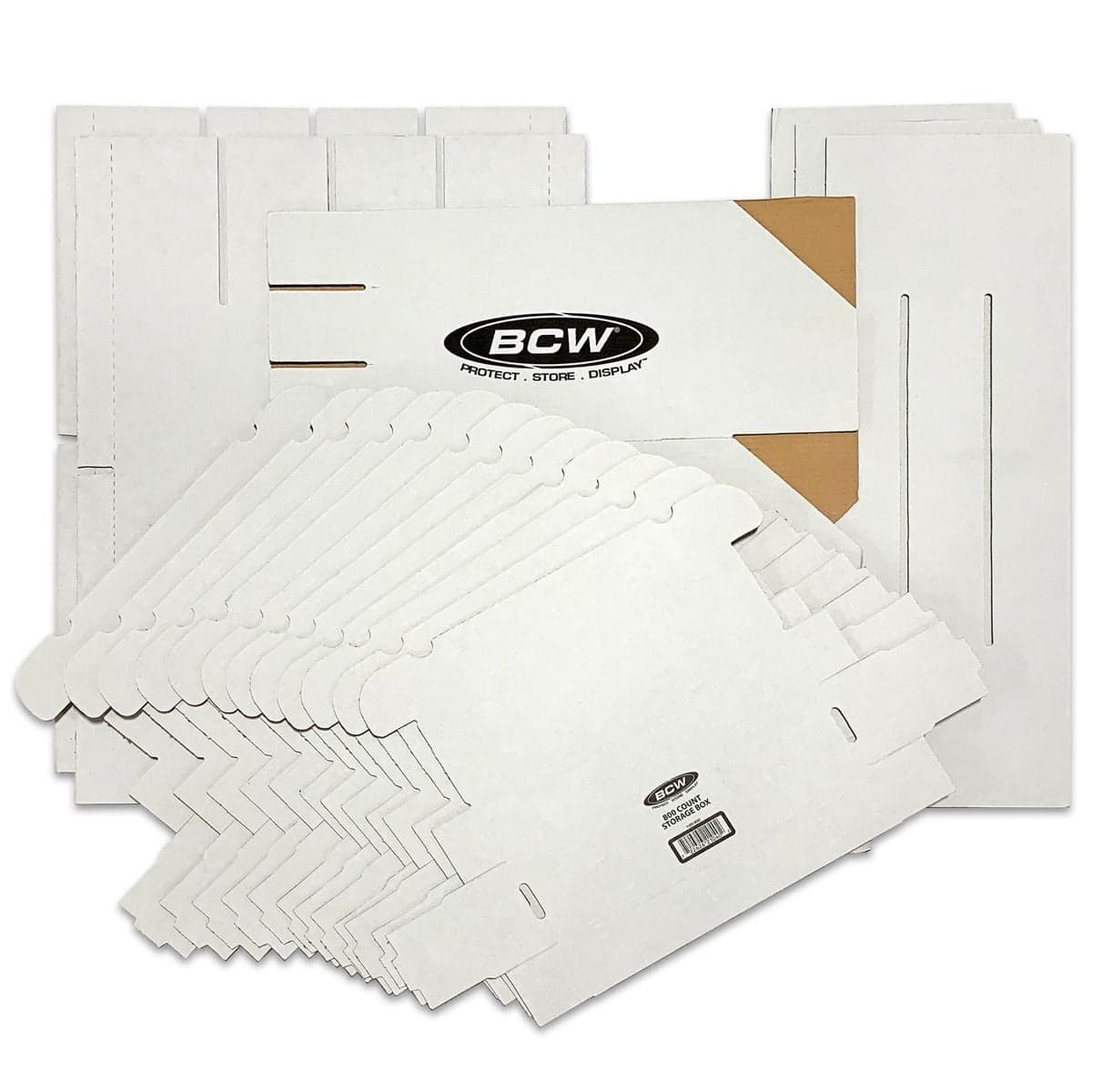 Unassembled BCW Card House components displayed on a white background, including twelve flat 800-count storage box blanks, outer case panels, dividers, and folded cardboard pieces arranged to show everything included for assembly.