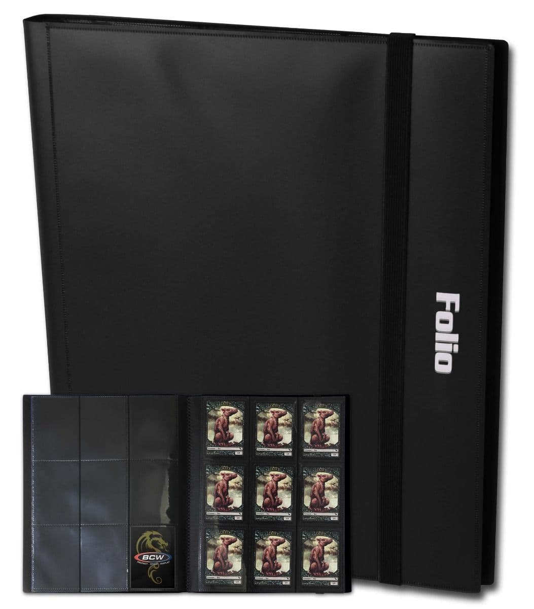 One black BCW 9 pocket folio with a smaller image of the folio open with cards inside.