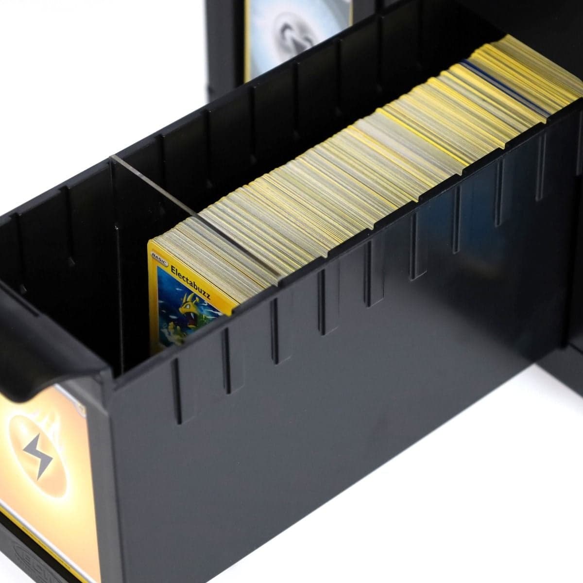 Card Partitions - Clear.crystal clear partition. fits in BCW collectible card bins and Card catalogs. in slotted areas in a card catalog. drawer open. pokemon cards