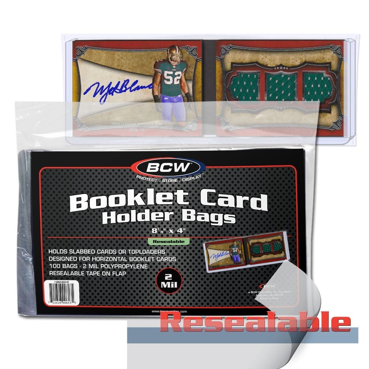 Resealable logo over pack of BCW resealable booklet card holder bags with card in holder and bag