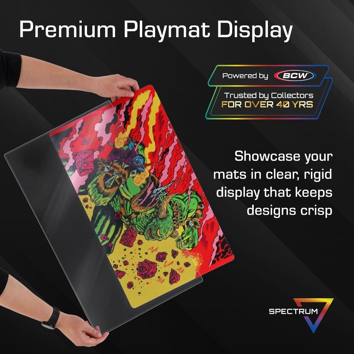 Infographic: Premium playmat display holder featuring a clear rigid case that showcases colorful gaming mat artwork while keeping designs crisp and protected, backed by BCW’s 40 years of collector trust.