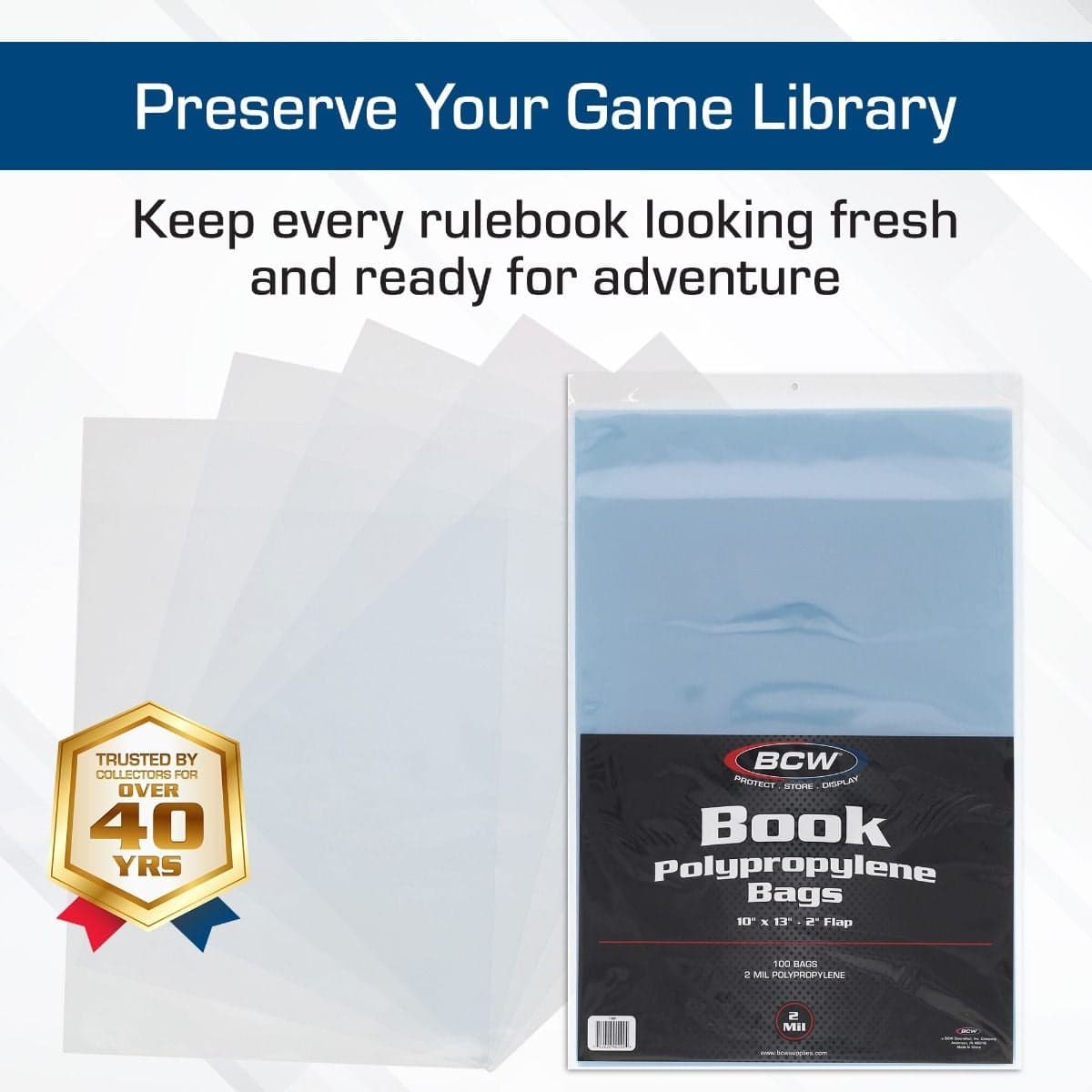 BCW Book Storage Bags infographic, Preserve Your Game Library. Keep every rulebook looking fresh and ready for adventure.
