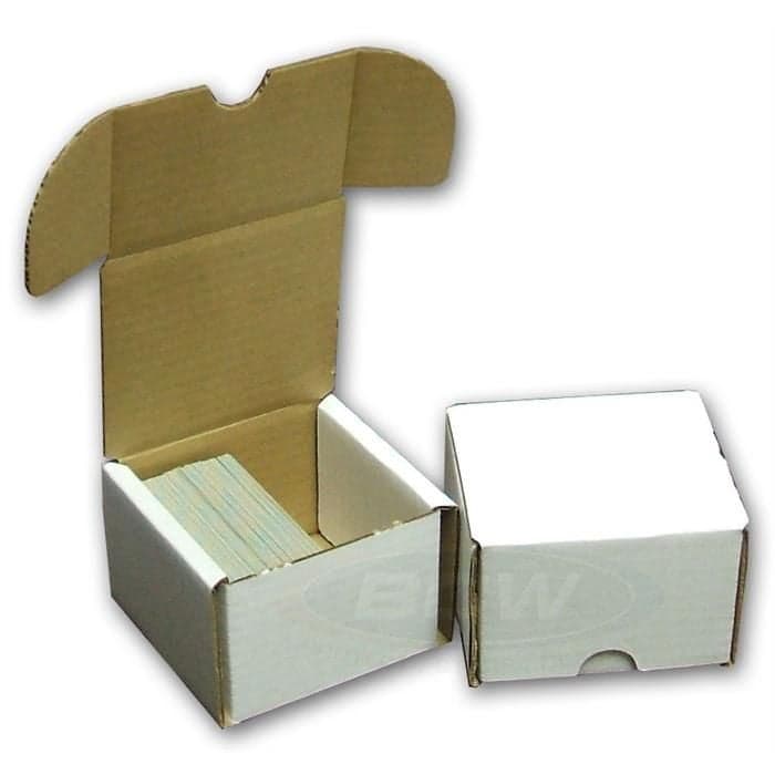 2 BCW 200 count boxes, one closed, one open partially filled with cards