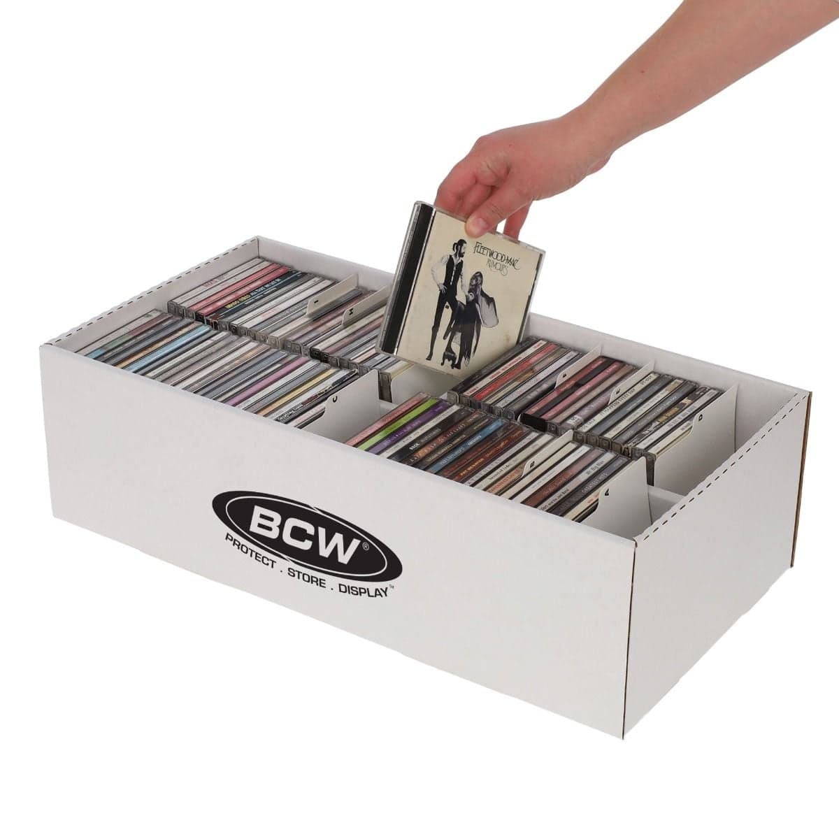 BCW CD Storage Box angled and open with hand inserting CD into the box.