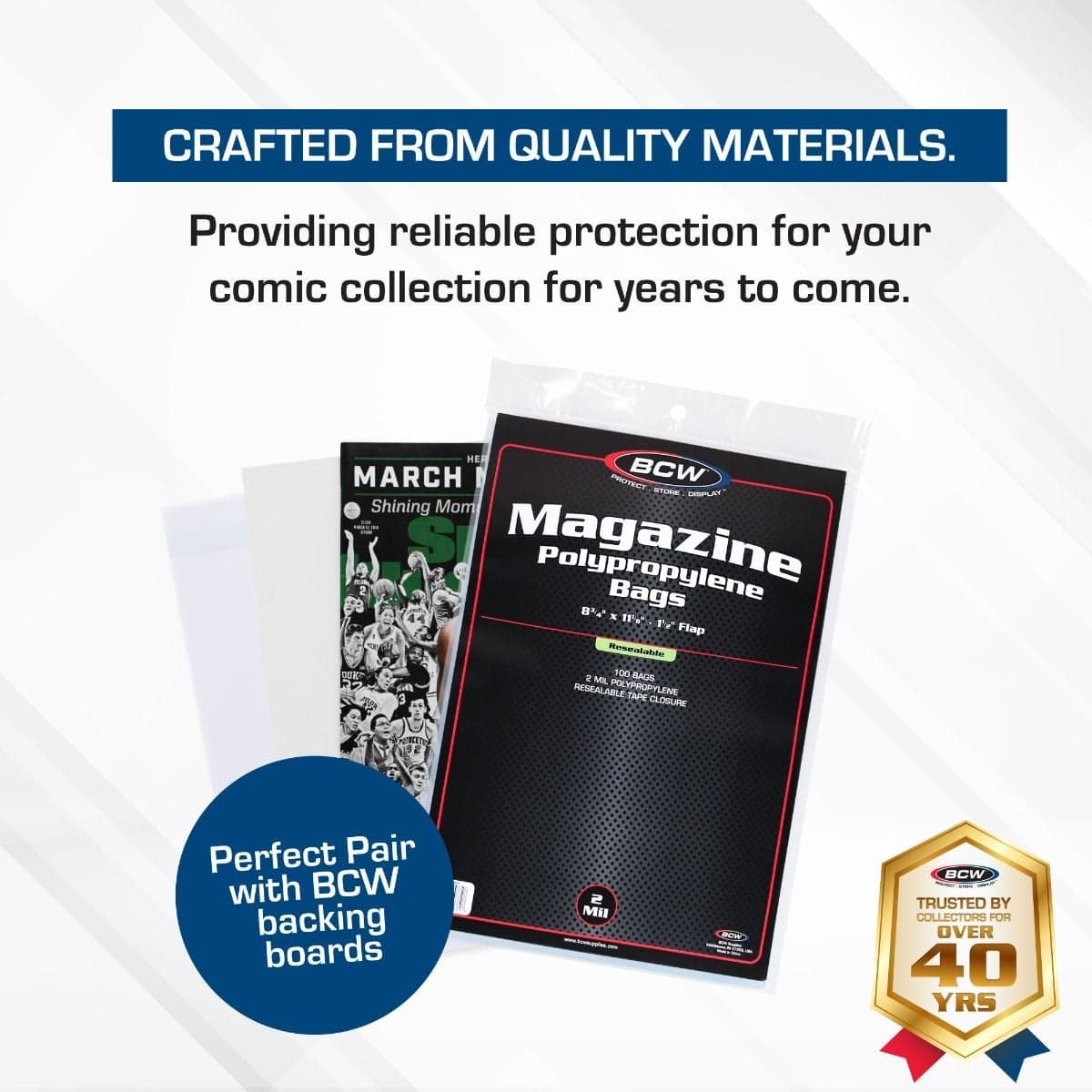 Infographic: BCW resealable magazine polypropylene bags provide long-lasting protection for comic collections and pair perfectly with BCW backing boards for secure storage and display.
