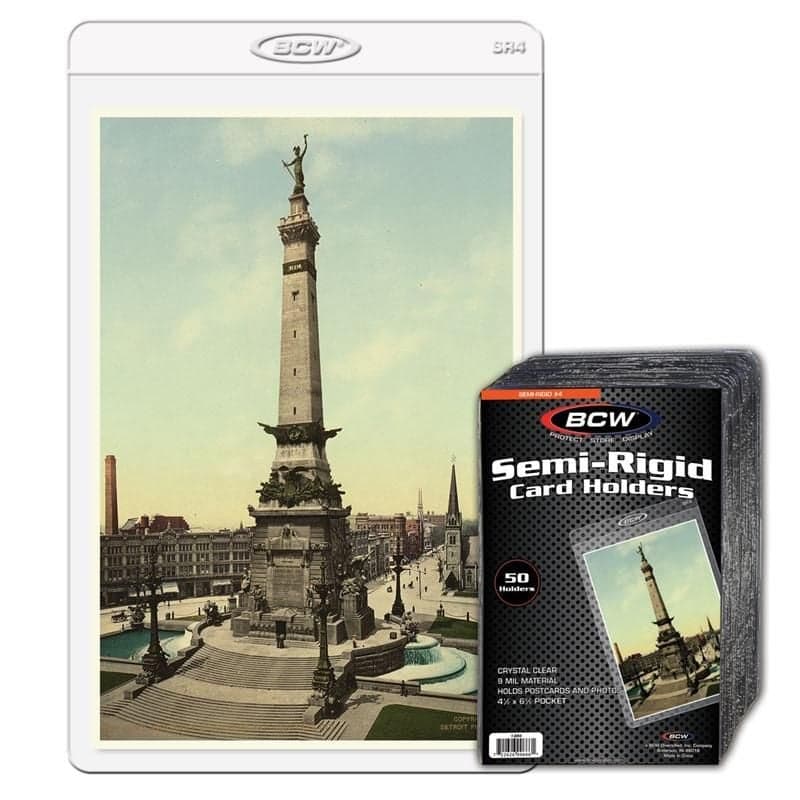 BCW Semi-Rigid Card Holder with postcard inside behind package of BCW Semi-Rigid Card Holders