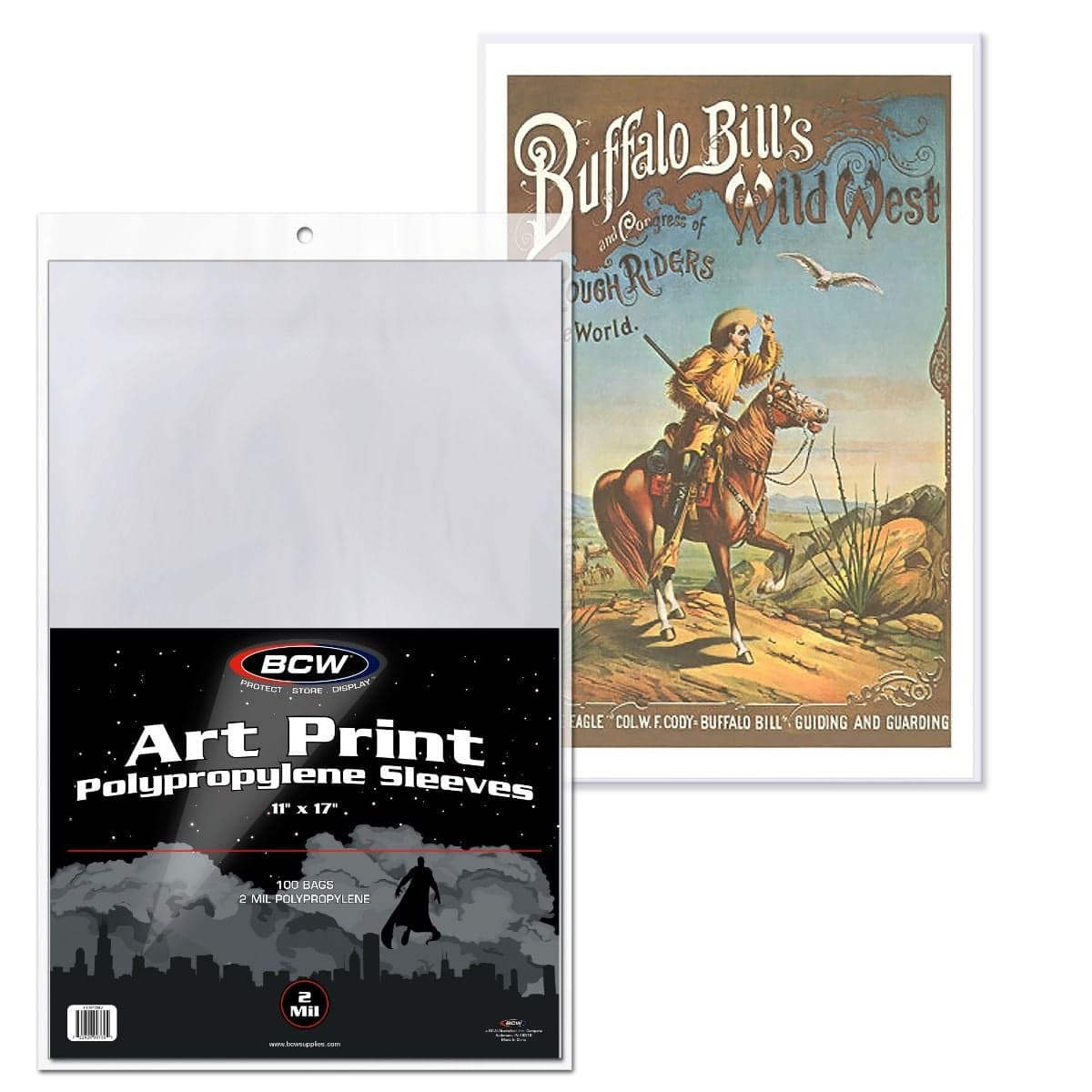 Package of BCW 11 inch by 17 inch Art Print Sleeves over a print in sleeve