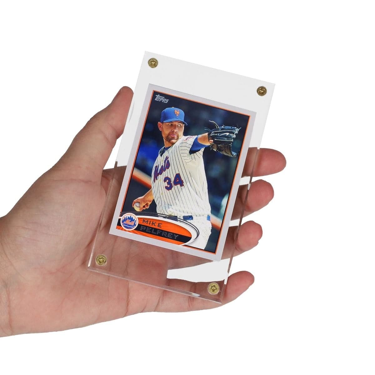 a person holding a BCW 1/4" Acrylic Card Holder with a baseball trading card inside