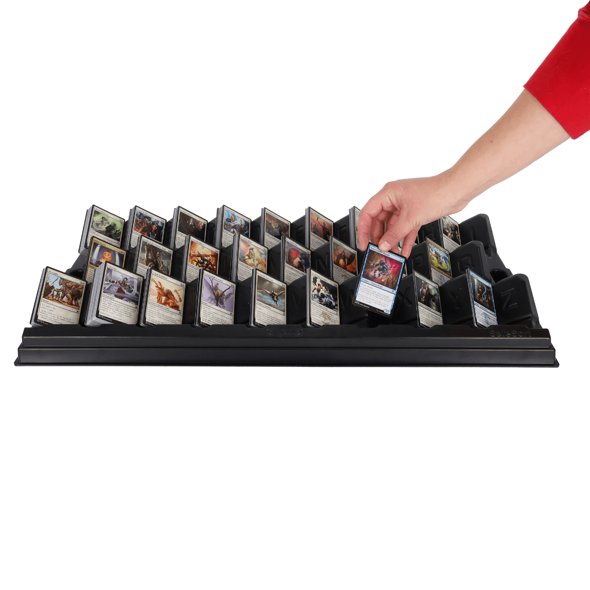 BCW Safesort Card Tray, hand placing a card into a cell of the sorting tray