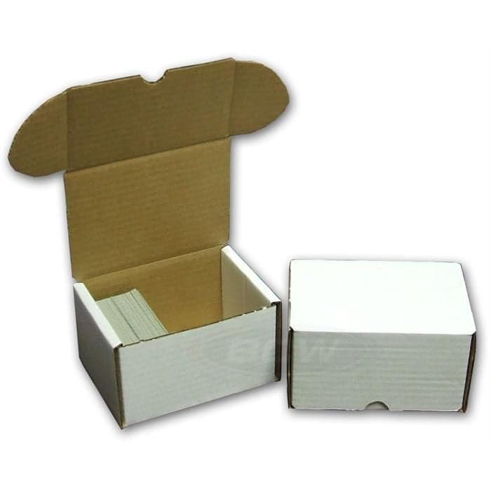 2 BCW 330 count boxes, one closed, one open partially filled with cards