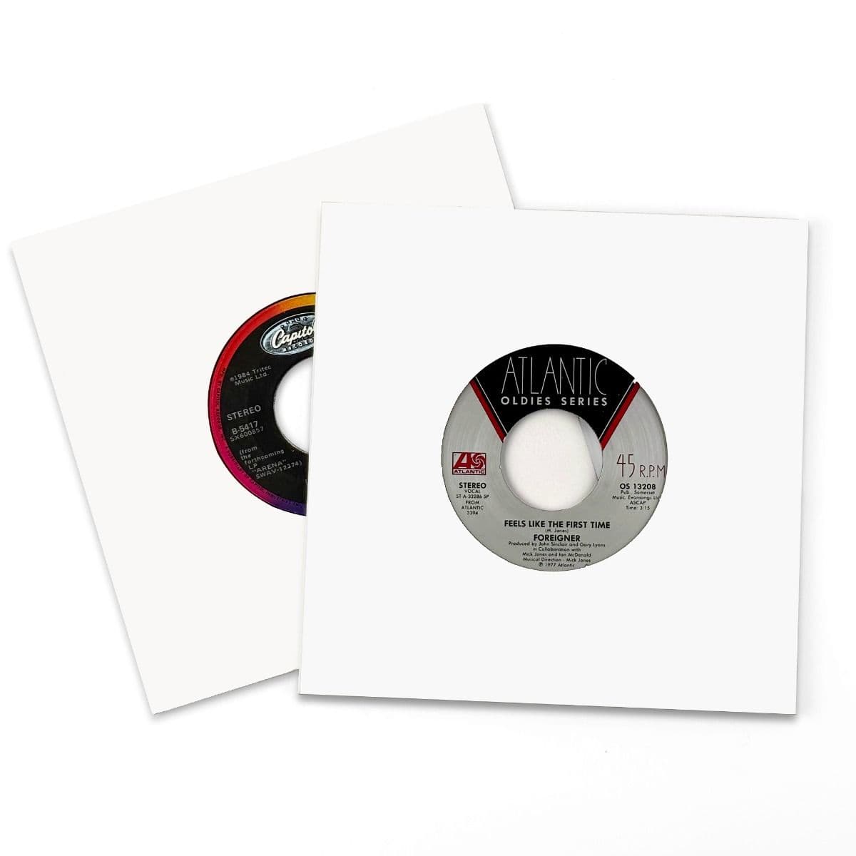 7 Inch Record Paper Jacket - With Hole - White 2 records in jackets fanned