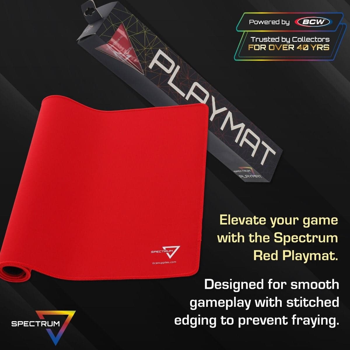 Infographic: Elevate your game with the Spectrum RED Playmat. Designed for smooth gameplay with stitched edging to prevent fraying.