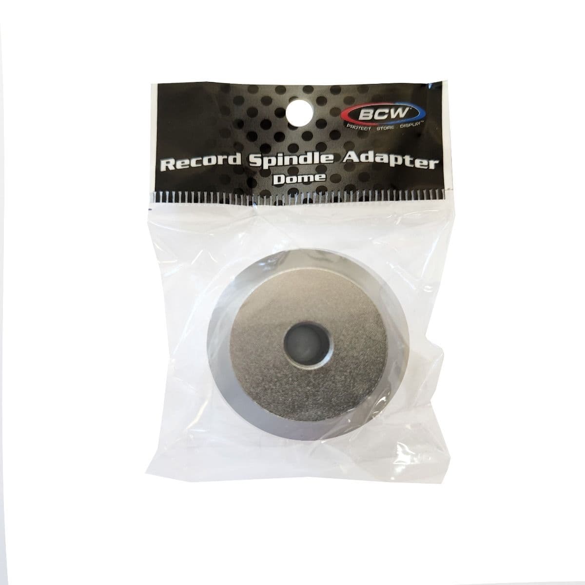 BCW 7 Inch Record Player Adapter - Dome, packaged in a clear plastic bag with branded header. The silver dome-shaped aluminum adapter is visible through the packaging, labeled as 'Record Spindle Adapter Dome,' designed for 7-inch vinyl records to ensure s