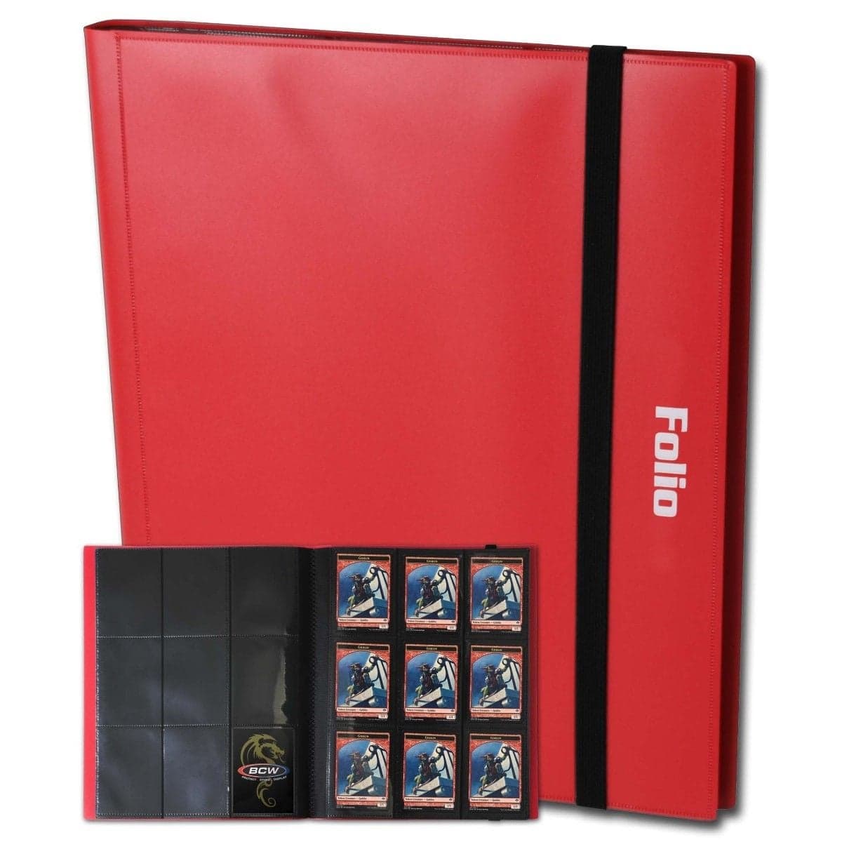 One red BCW 9 pocket folio with a smaller image of the folio open with cards inside.