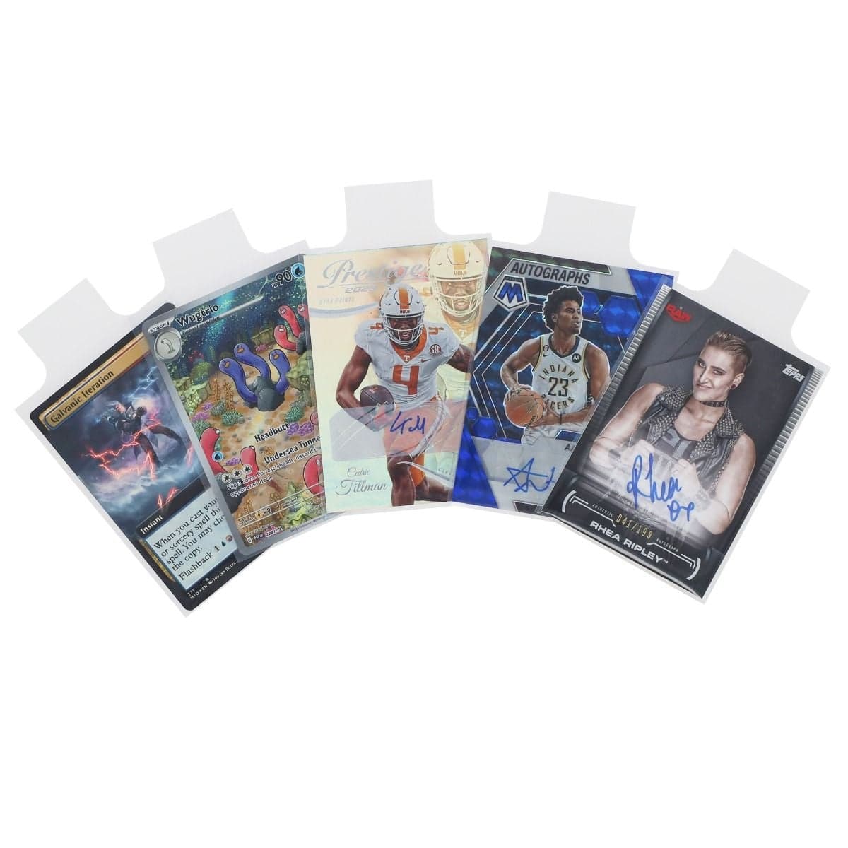BCW Standard Card Sleeves - Tab, fanned out with various trading cards on display in the sleeves