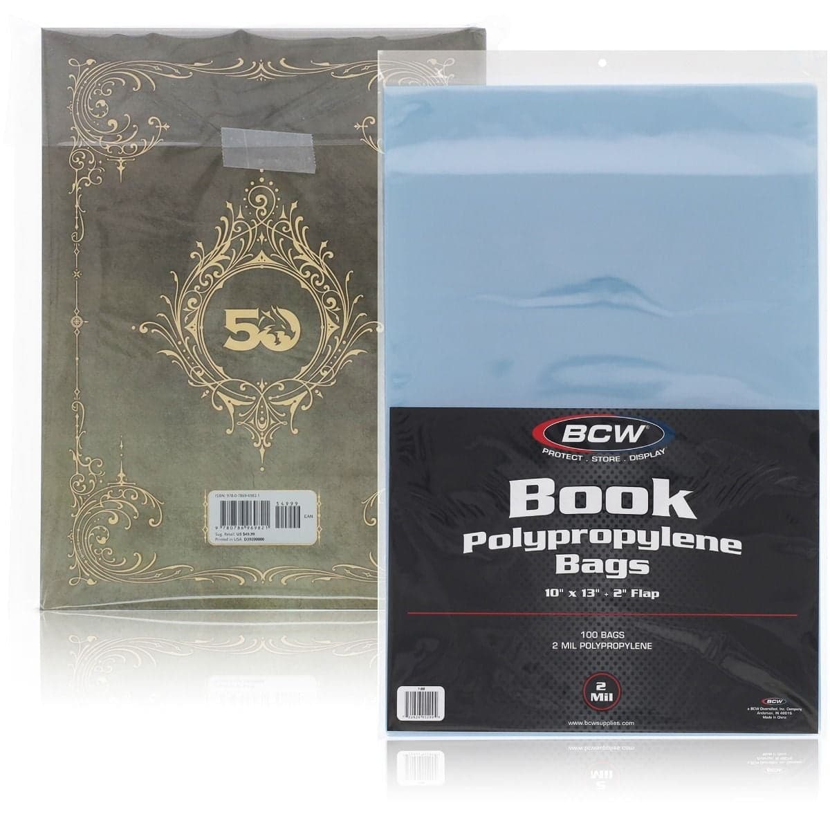 Image of the back of game book on in a book bag showing the flap taped in left background. On the right, forefront, of image is the packaging of the book bags