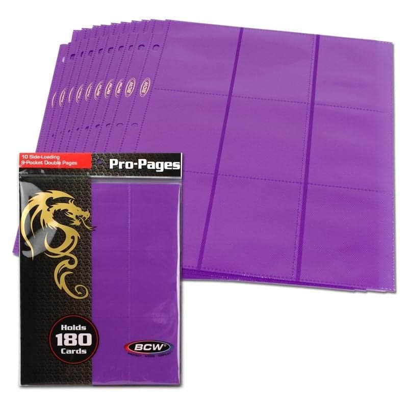 Pack of BCW purple 18-pocket pages over spread of several pages