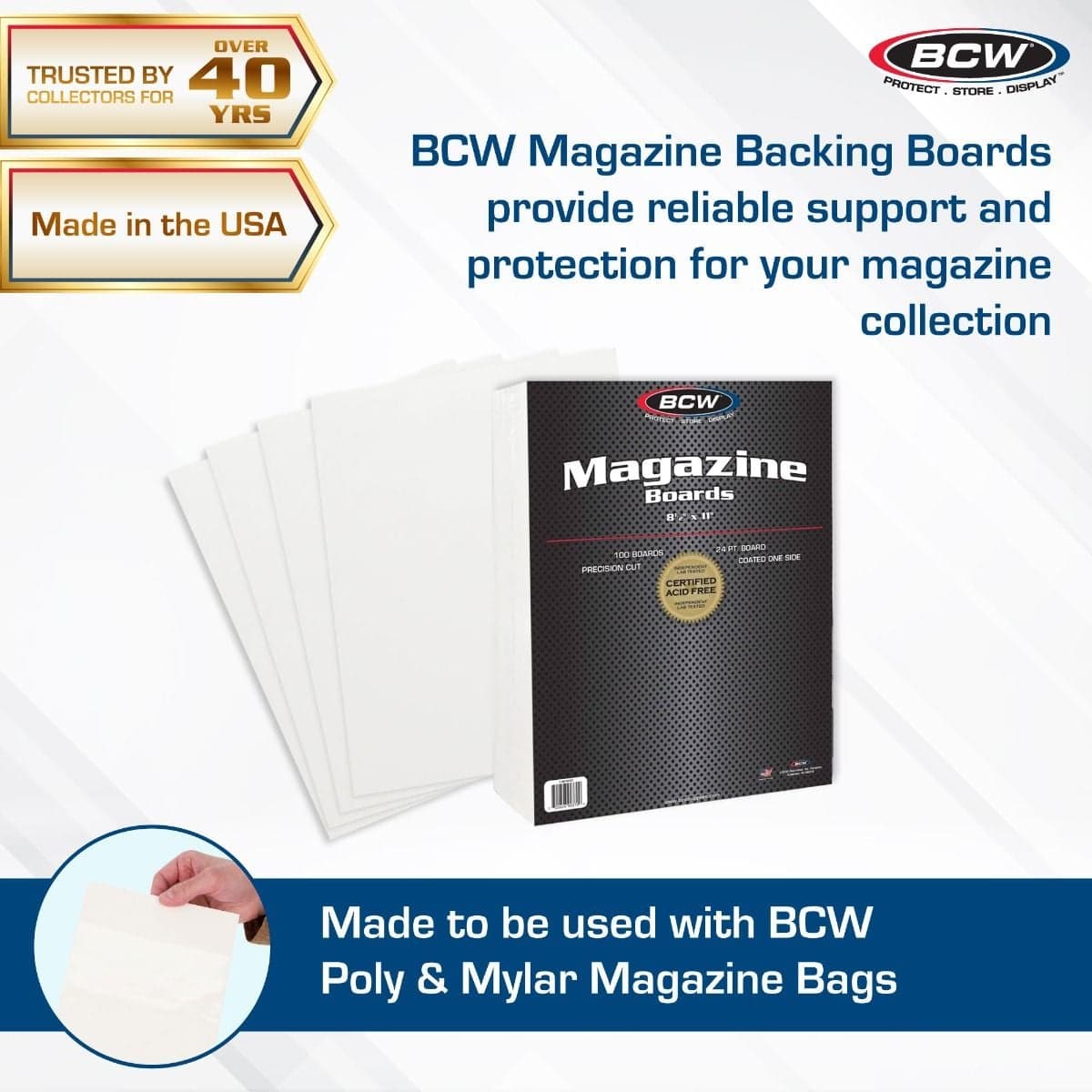 BCW Magazine Backing Boards infographic, reliable support