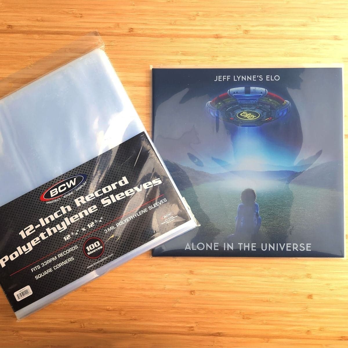 Package of BCW 12 Inch Record Sleeves - Polyethylene on top of record