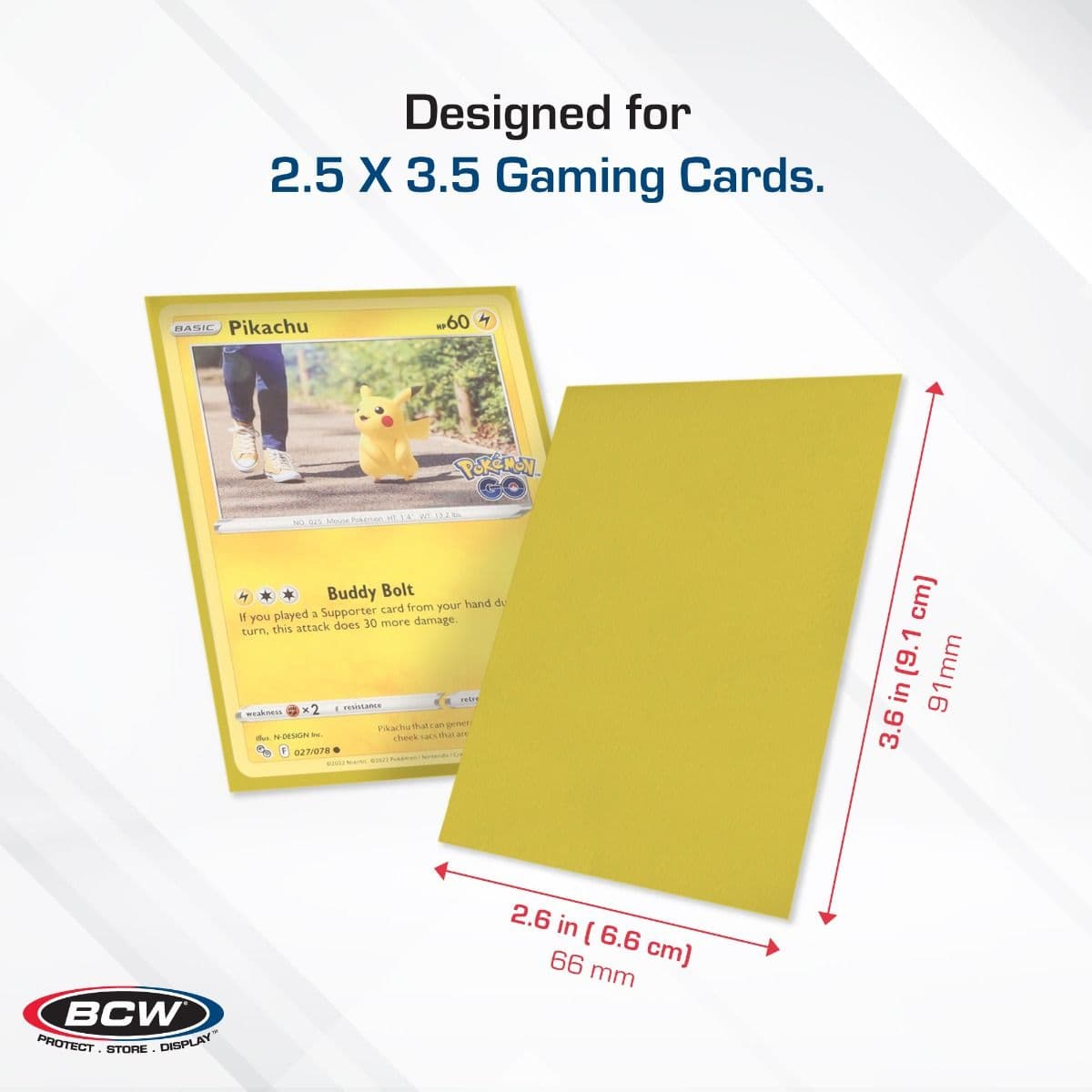 BCW Deck Guard - Double Matte - Yellow infographic, specs and measurements, Designed for 2 1/2" x 3 1/2" Gaming Cards.