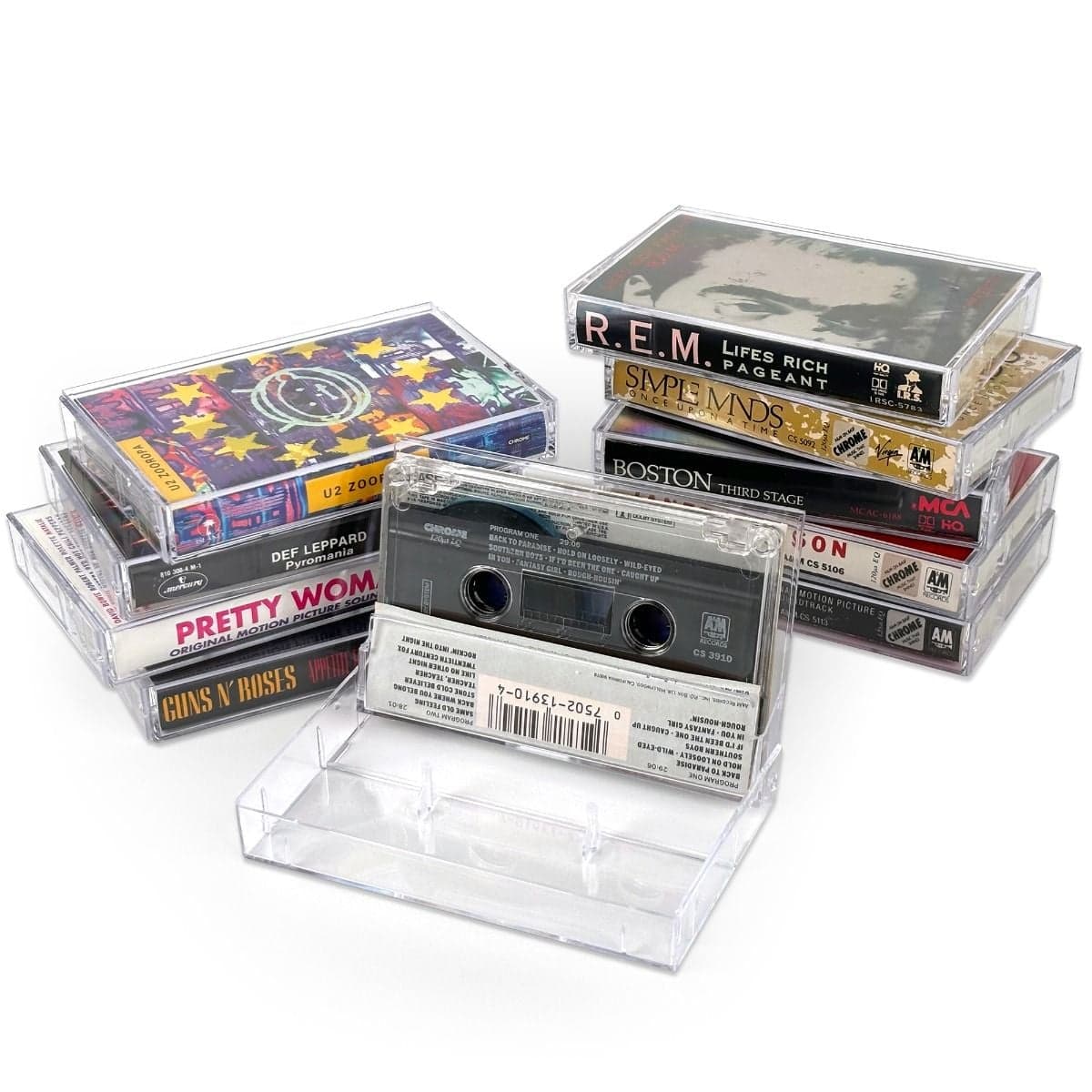BCW Cassette Cases - Two stacks with cassette tapes and one open in the front and on display