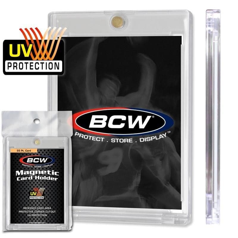 UV Protection logo over BCW 55 point magnetic card holders