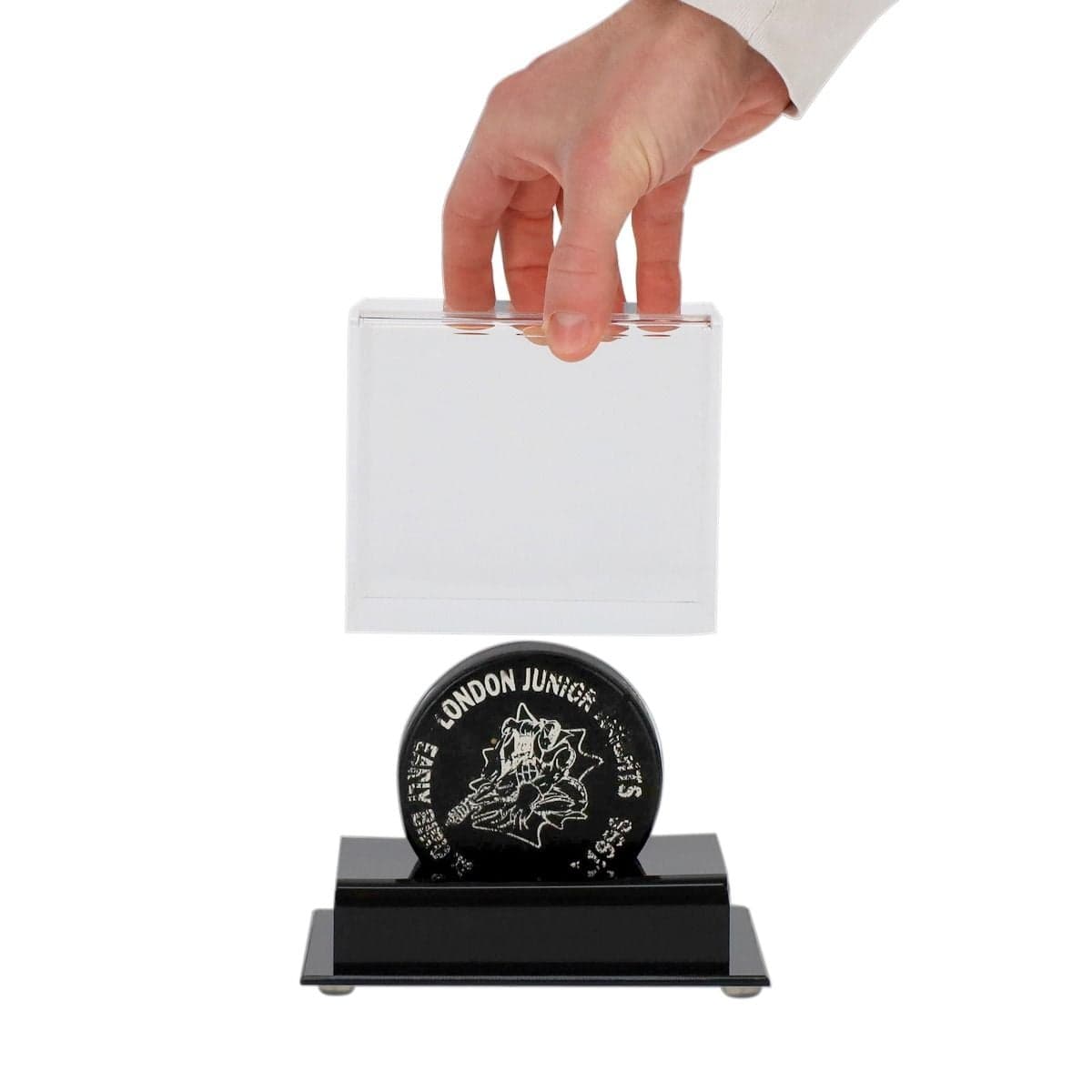 BCW Acrylic Hockey Puck Display with hockey puck inside lifting lid