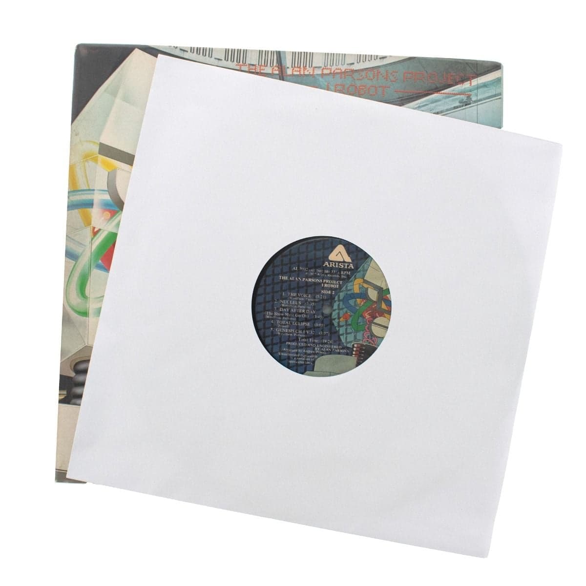 12-Inch Record Paper Inner Sleeves - Polylined - With Hole - White, single sleeved record laying on top of it's record jacket