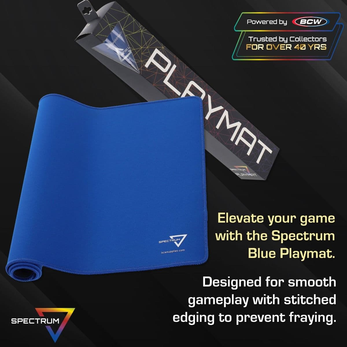 Infographic: Elevate your game with the Spectrum Blue Playmat. Designed for smooth gameplay with stitched edging to prevent fraying.