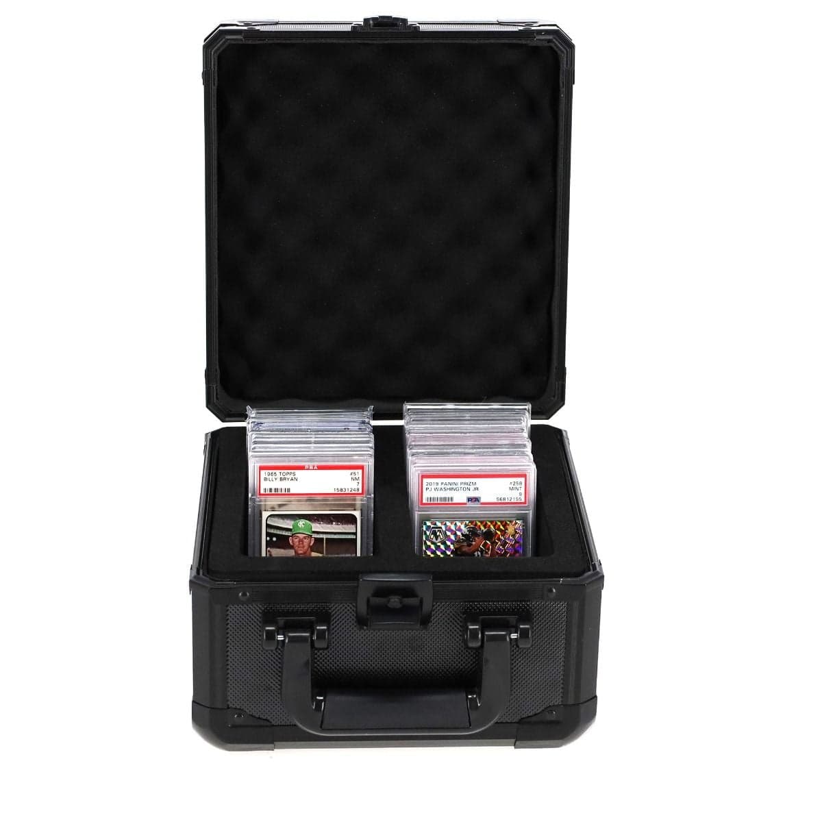BCW 2-Row Graded Latching Case open with sports cards in slabs